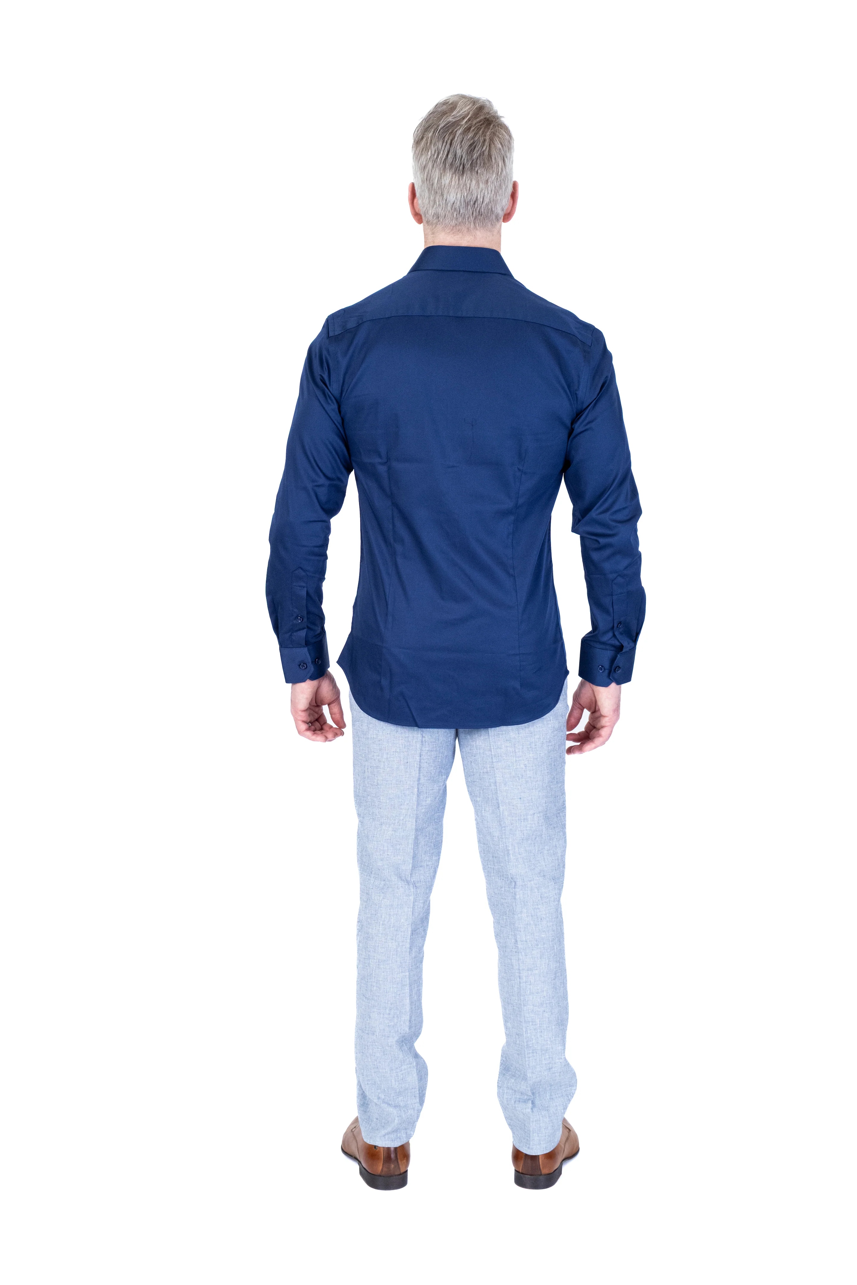 Cotton Satin Finish Solid Dress Shirt - Navy - Image 3