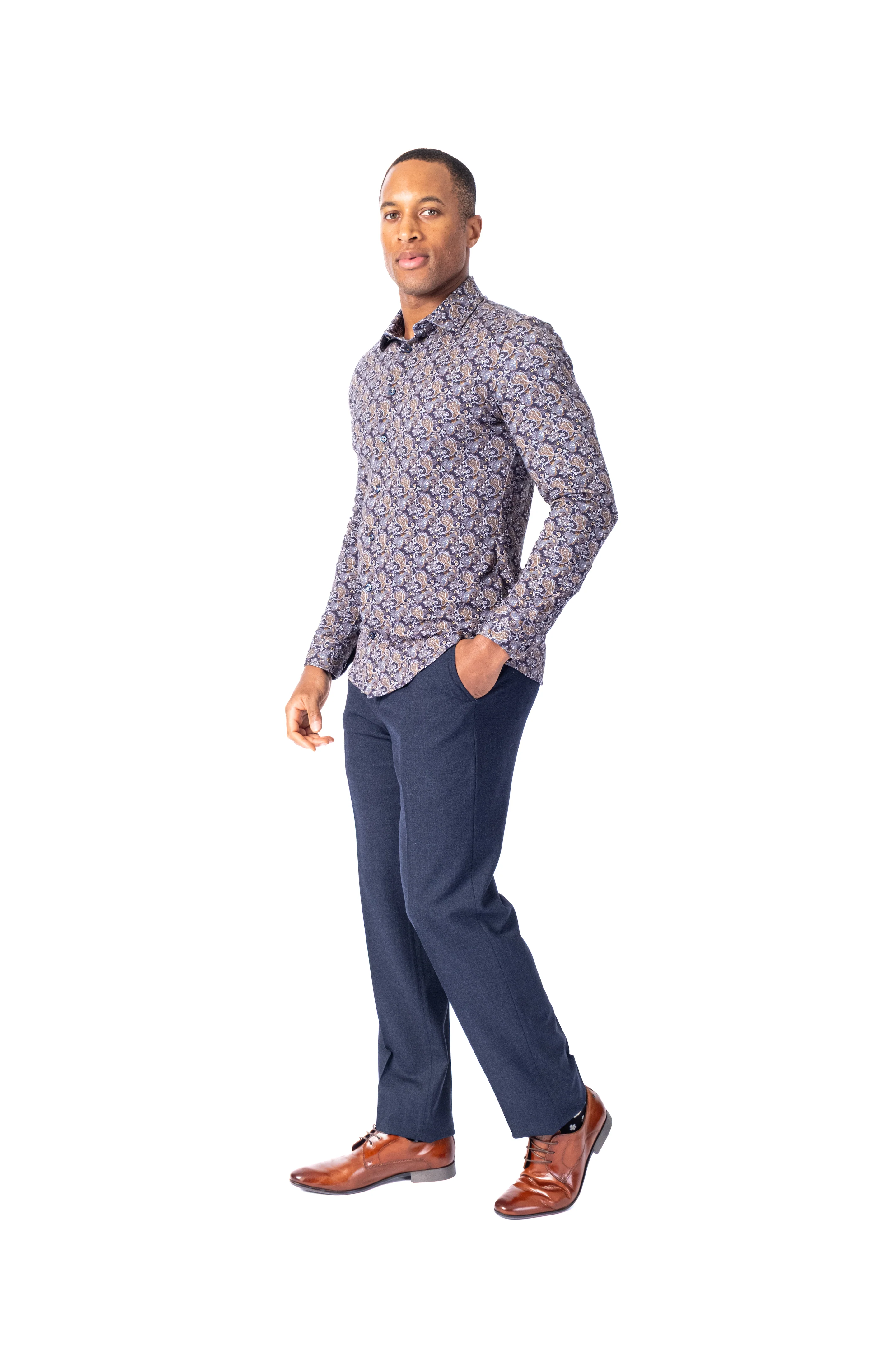 Cotton/Stretch Paisley Knit Sport Shirt - Navy - Image 3
