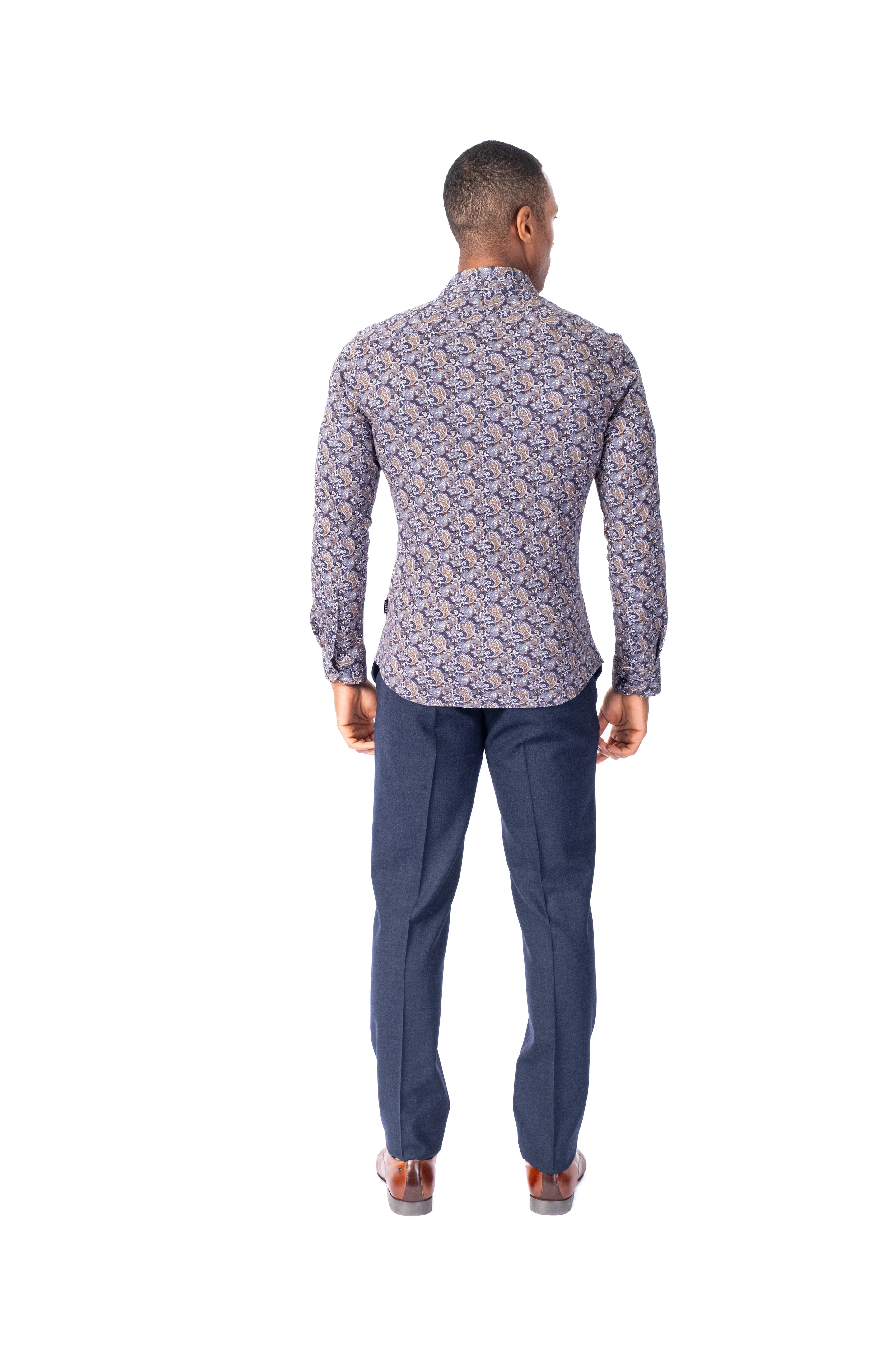 Cotton/Stretch Paisley Knit Sport Shirt - Navy - Image 4