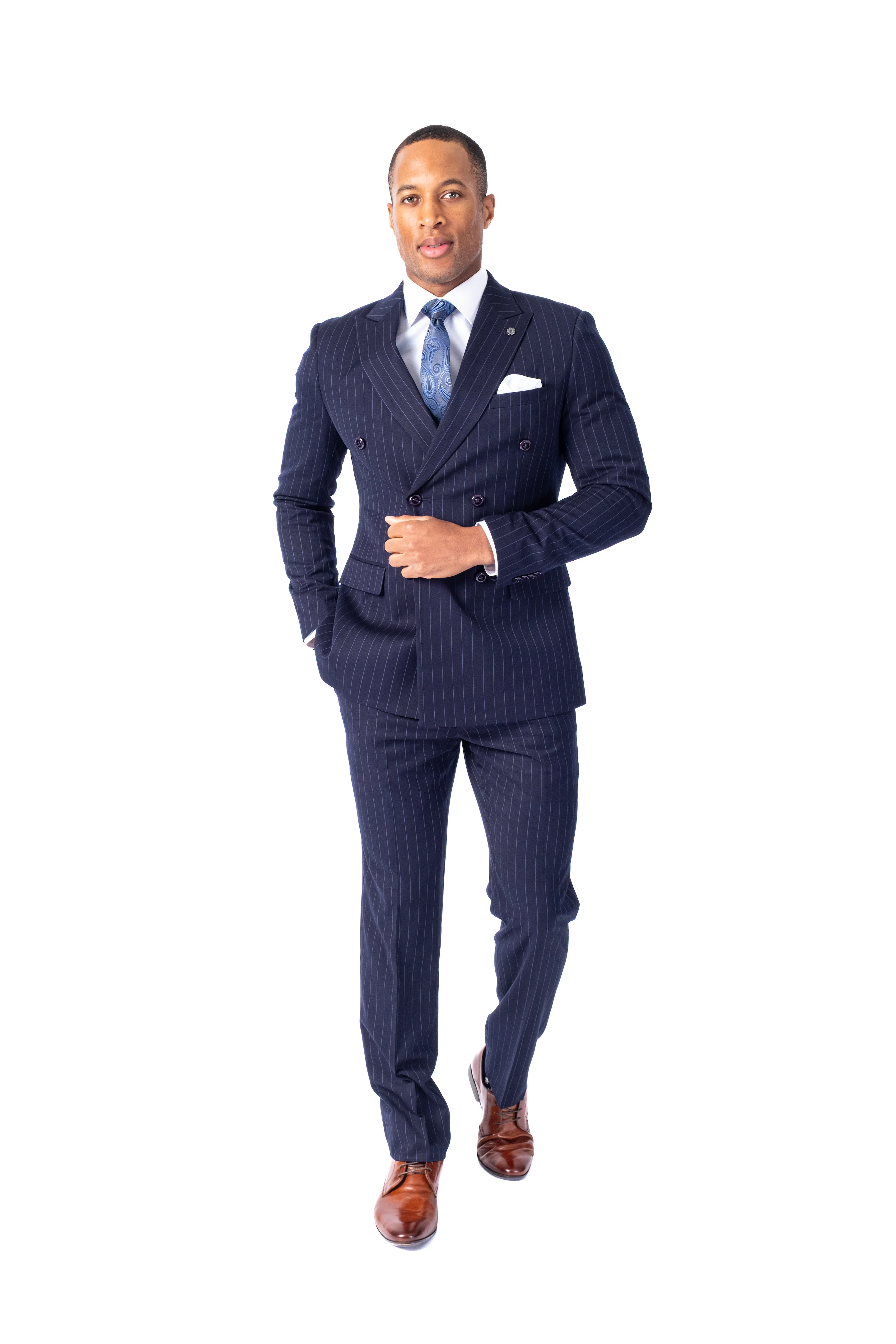 Double-Breasted Modern Slim Fit Pinstripe Suit - Navy - Image 3