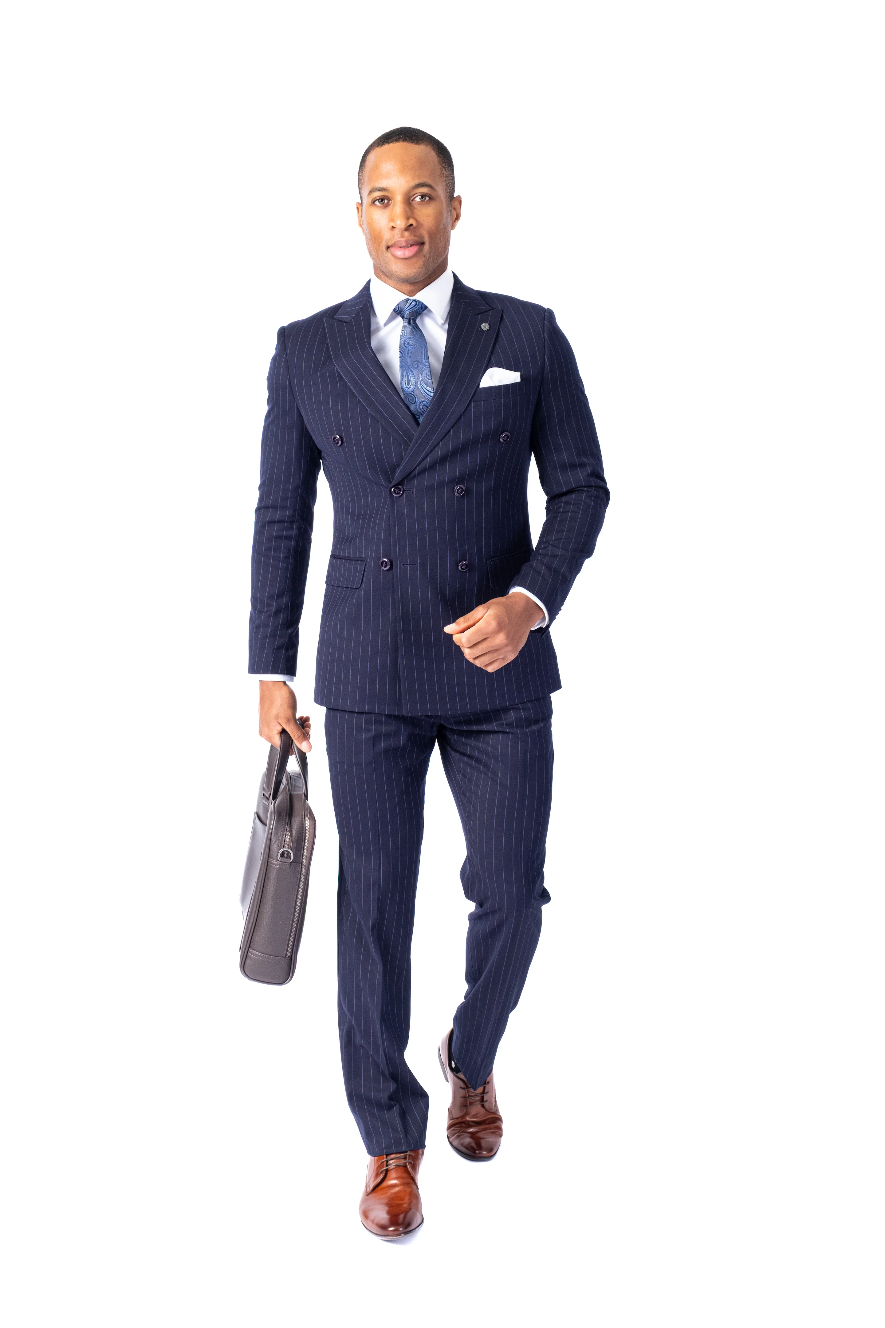 Double-Breasted Modern Slim Fit Pinstripe Suit - Navy - Image 4