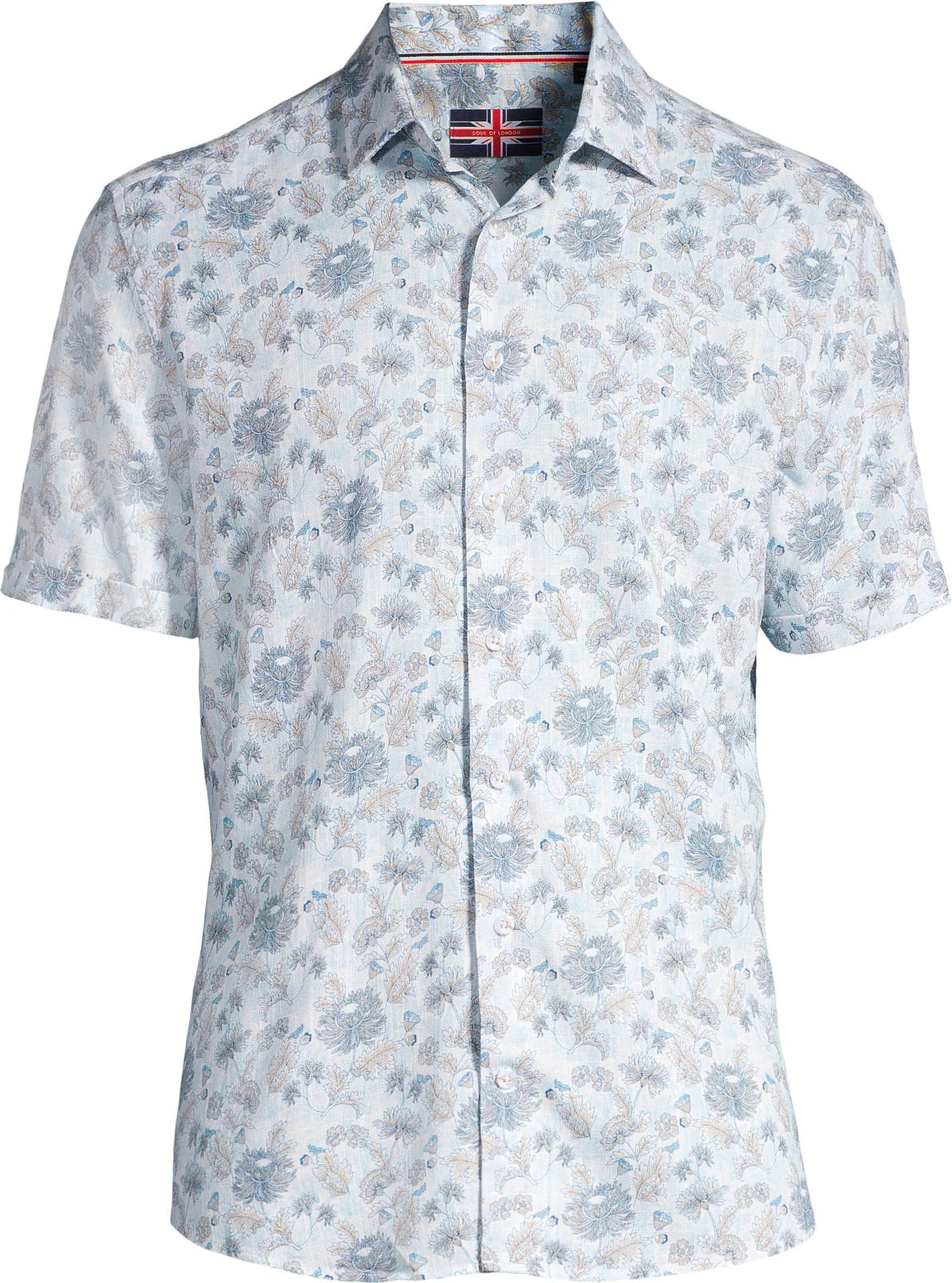 Short-Sleeve Linen/Stretch Floral Print Shirt - Light Blue - Image 3