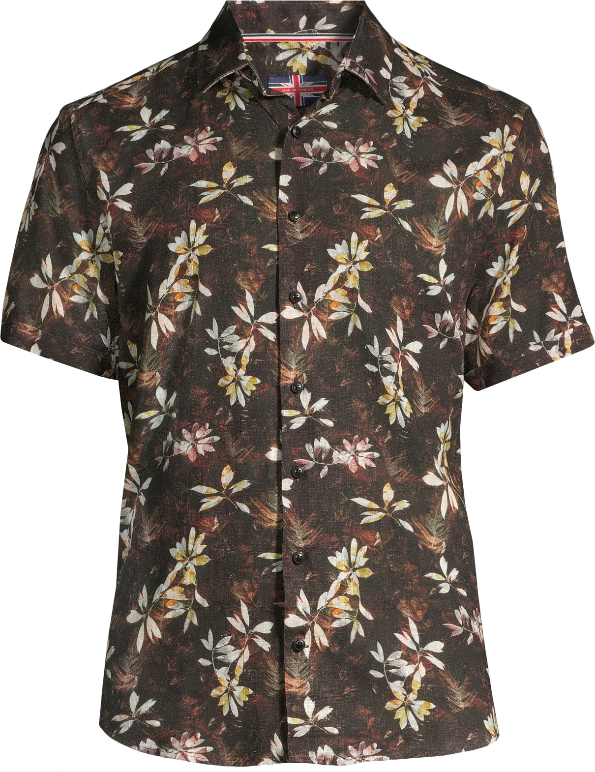 Short-Sleeve Linen/Stretch Leaf Print Shirt - Black - Image 3