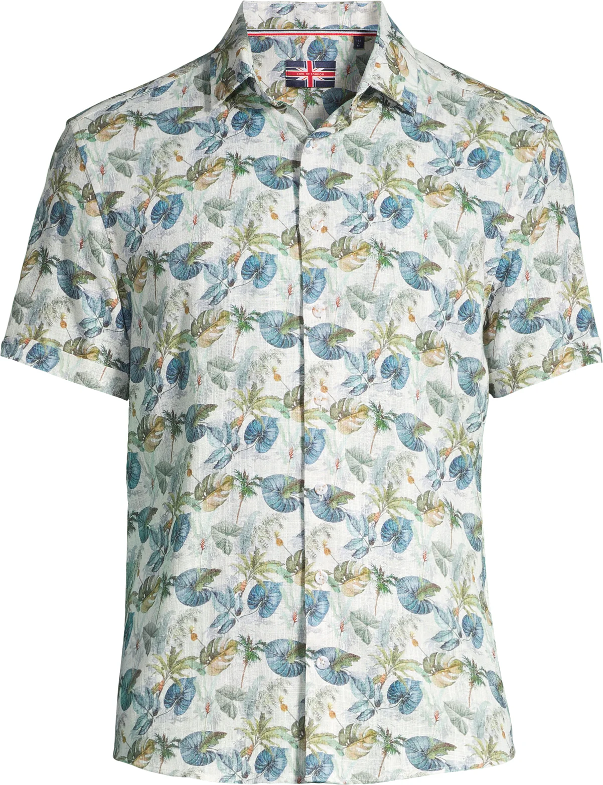Short-Sleeve Linen/Stretch Leaf Print Shirt - Green - Image 3