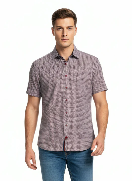 Short-Sleeve Micro/Stretch Circle Print Sport Shirt - Burgundy