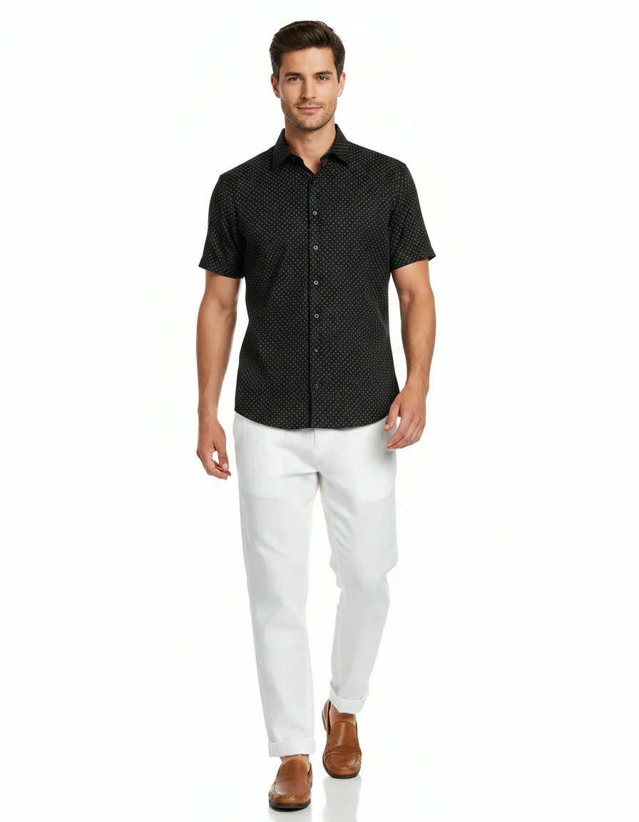 Short-Sleeve Micro/Stretch Neat Sport Shirt - Black - Image 2