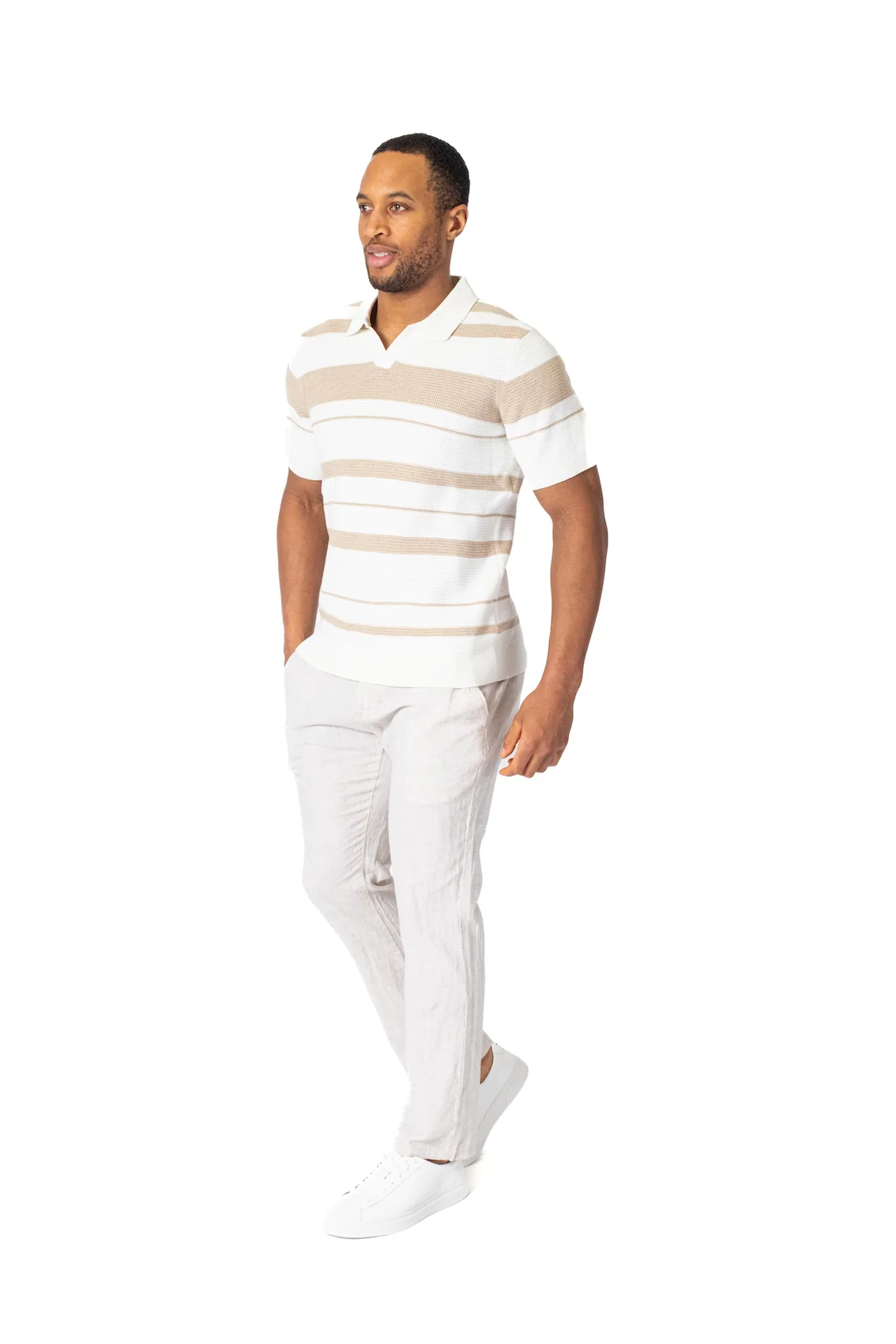 Stripe Cotton Knit Polo - Ivory - Image 3