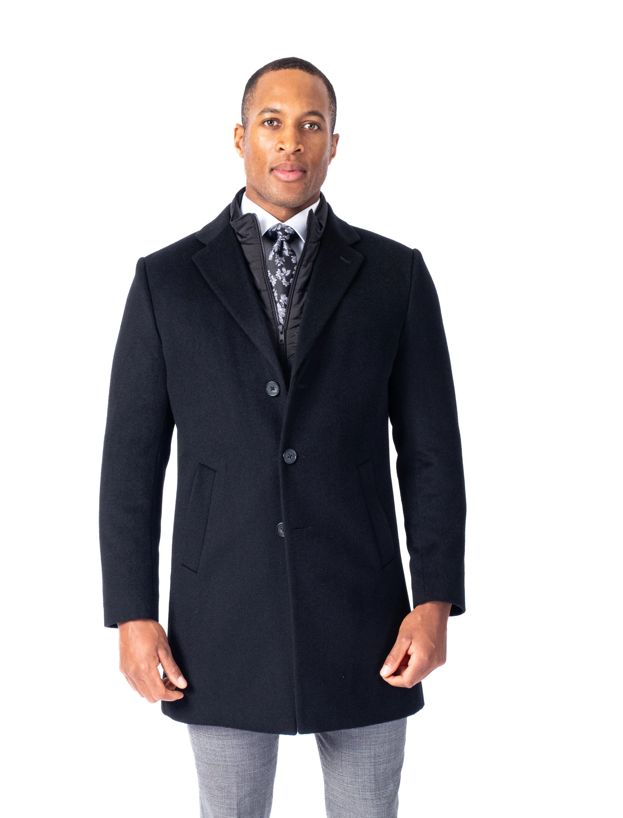 Wool/Cashmere 36" Double-Collar Topcoat - Black