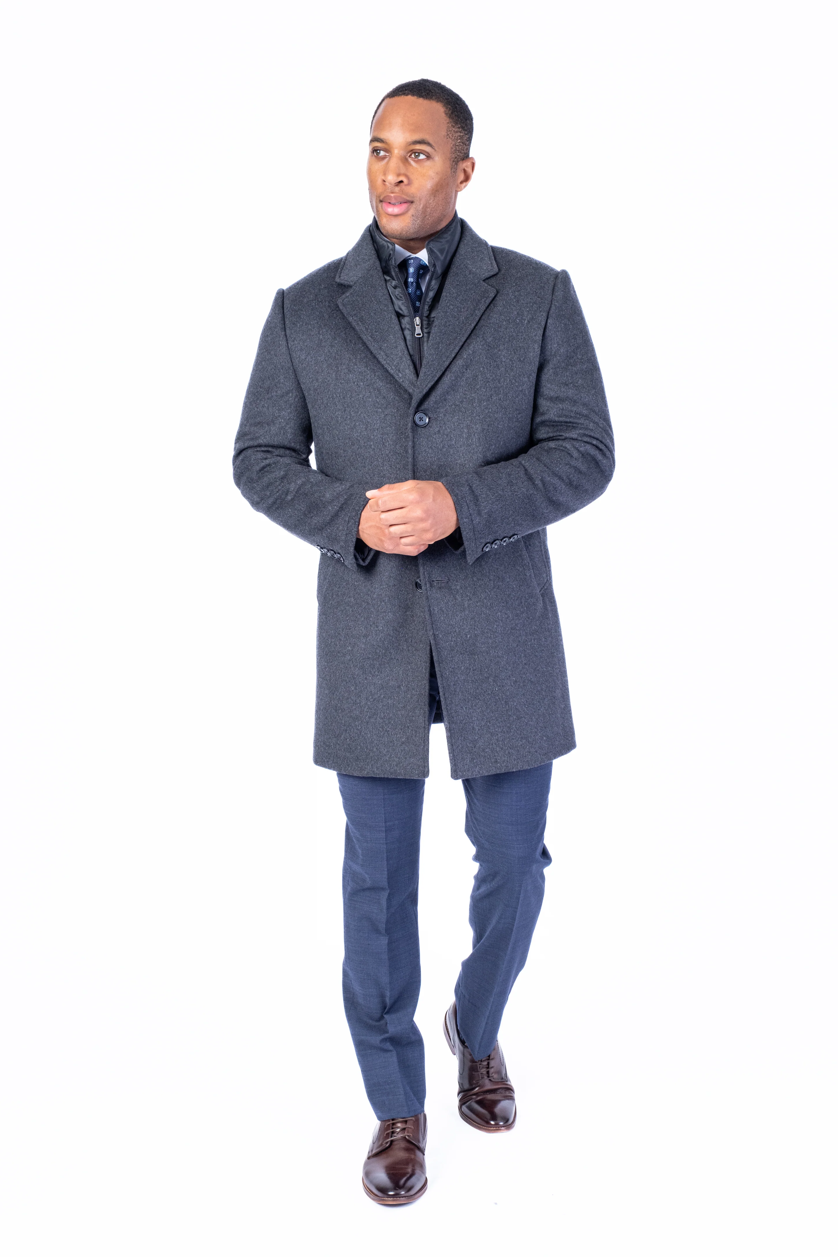Wool & Cashmere 3/4 Double-Collar Topcoat - Charcoal - Image 2