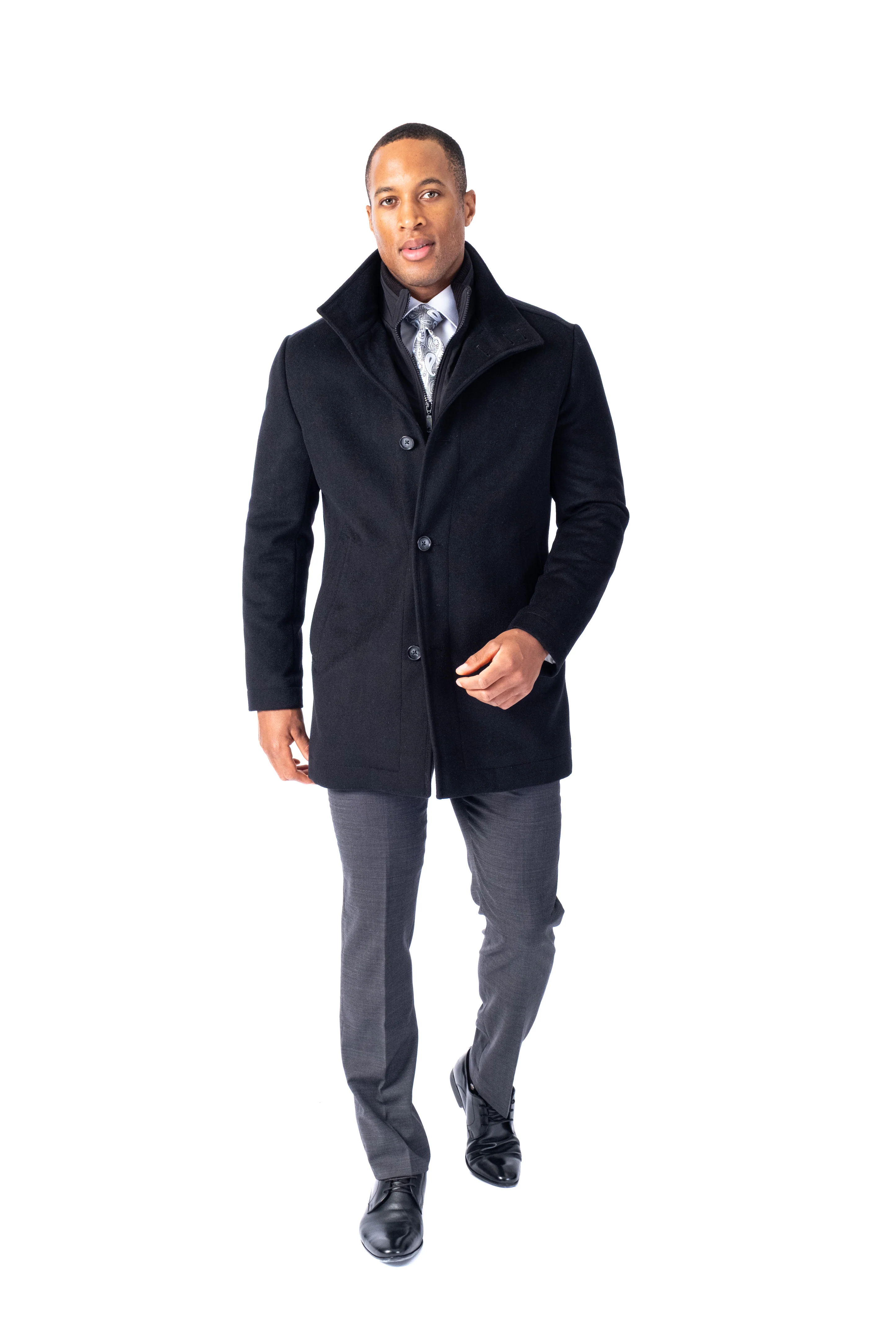 Wool/Cashmere Stand Up Collar Topcoat - Black - Image 2